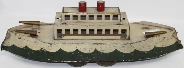 Appraisal: EARLY TH CENTURY PAINTED TIN TOY GUNBOAT STEAMPOWERED WITH SMOKE