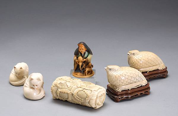 Appraisal: A group of six Asian ivory carvings The Japanese decorations