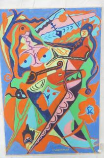 Appraisal: C WAHRMAN Colorful Abstract Dancers Painting Mo C WAHRMAN Colorful