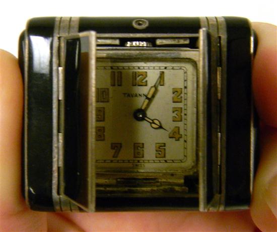 Appraisal: Art Deco Traveling Tavannes Clock stamped sterling silver black enamel