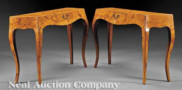 Appraisal: A Pair of Italian Rococo-Style Figured Walnut Console Tables serpentine