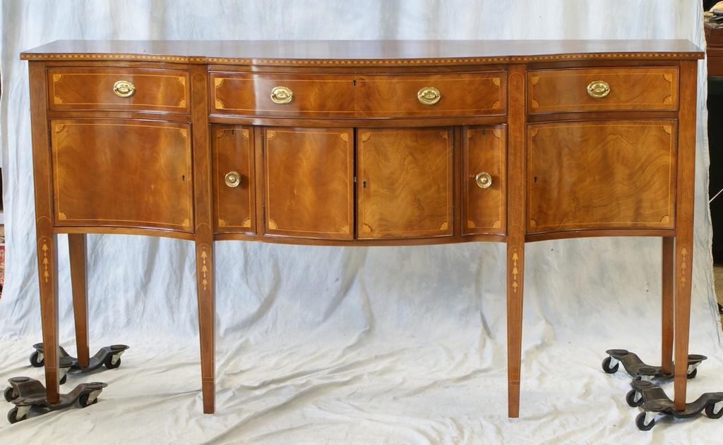 Appraisal: Inlaid mahogany Hepplewhite style sideboard unsigned bench made wide diameter