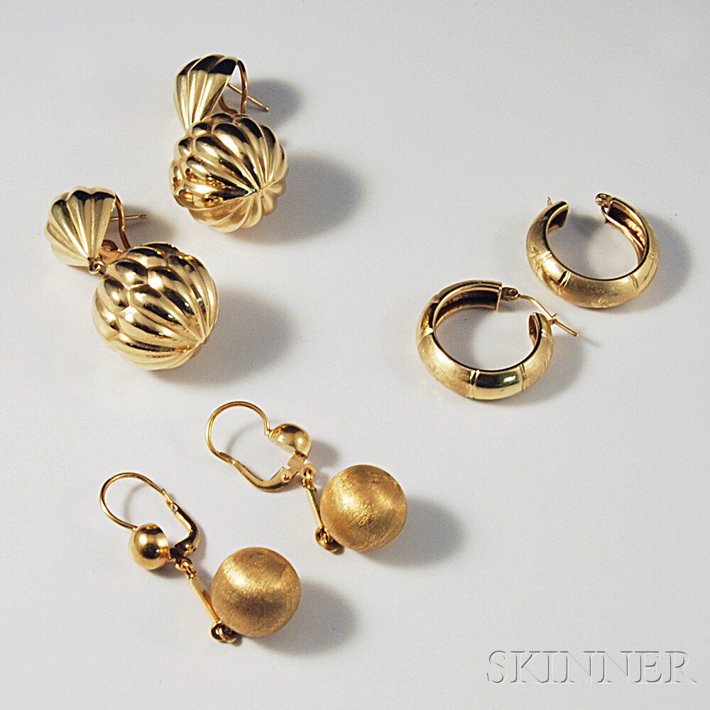 Appraisal: Three Pairs of Gold Earrings a pair of kt spheres