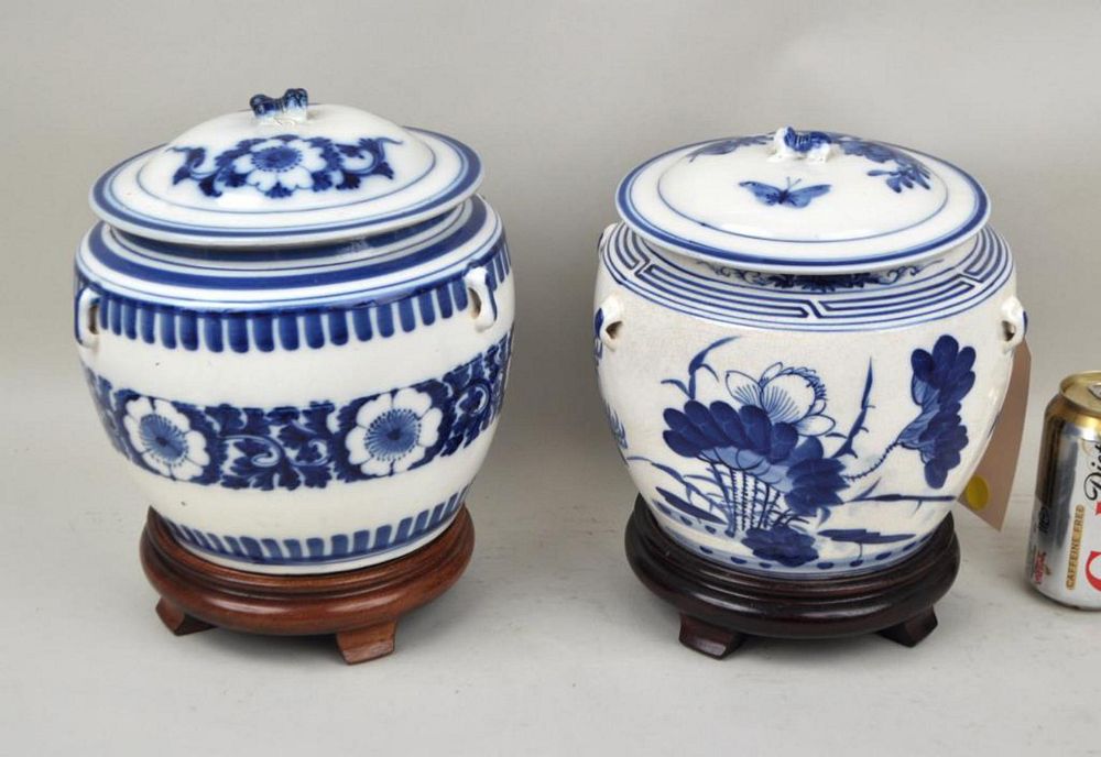 Appraisal: Two Chinese Blue White Porcelain Lidded Jars associated pair with