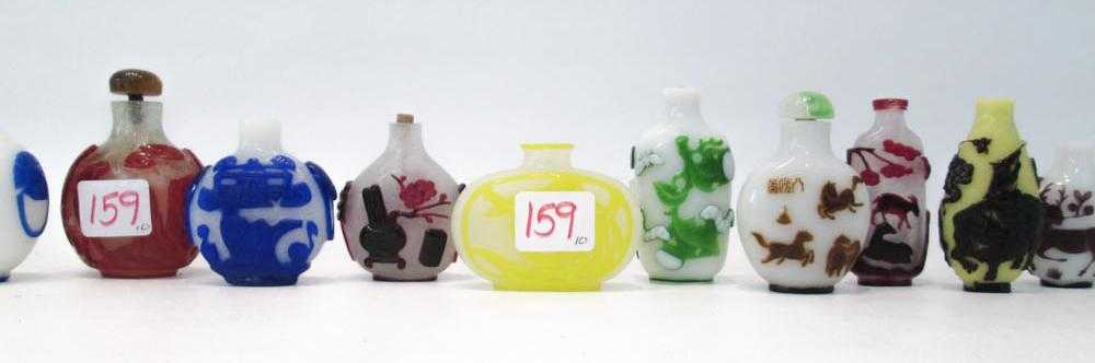 Appraisal: TEN CHINESE PEKING GLASS SNUFF BOTTLES individually cameo carved in