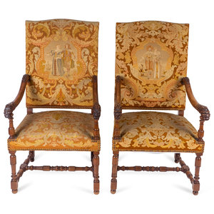 Appraisal: A Pair of Louis XIII Style Carved Walnut Needlepoint Upholstered