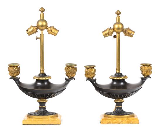 Appraisal: Sale Lot A Pair of Gilt Bronze Mounted Bronze Lamps