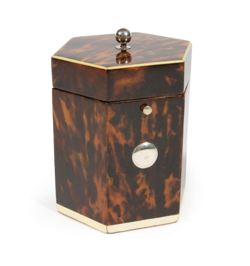 Appraisal: Diminutive Regency Tortoiseshell Hexagonal Tea Caddy th c push-button latch