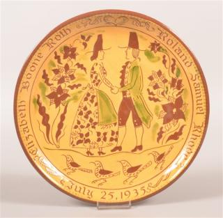 Appraisal: Oley Valley Pottery Redware Wedding Plate Sgrafitto decorated dated -