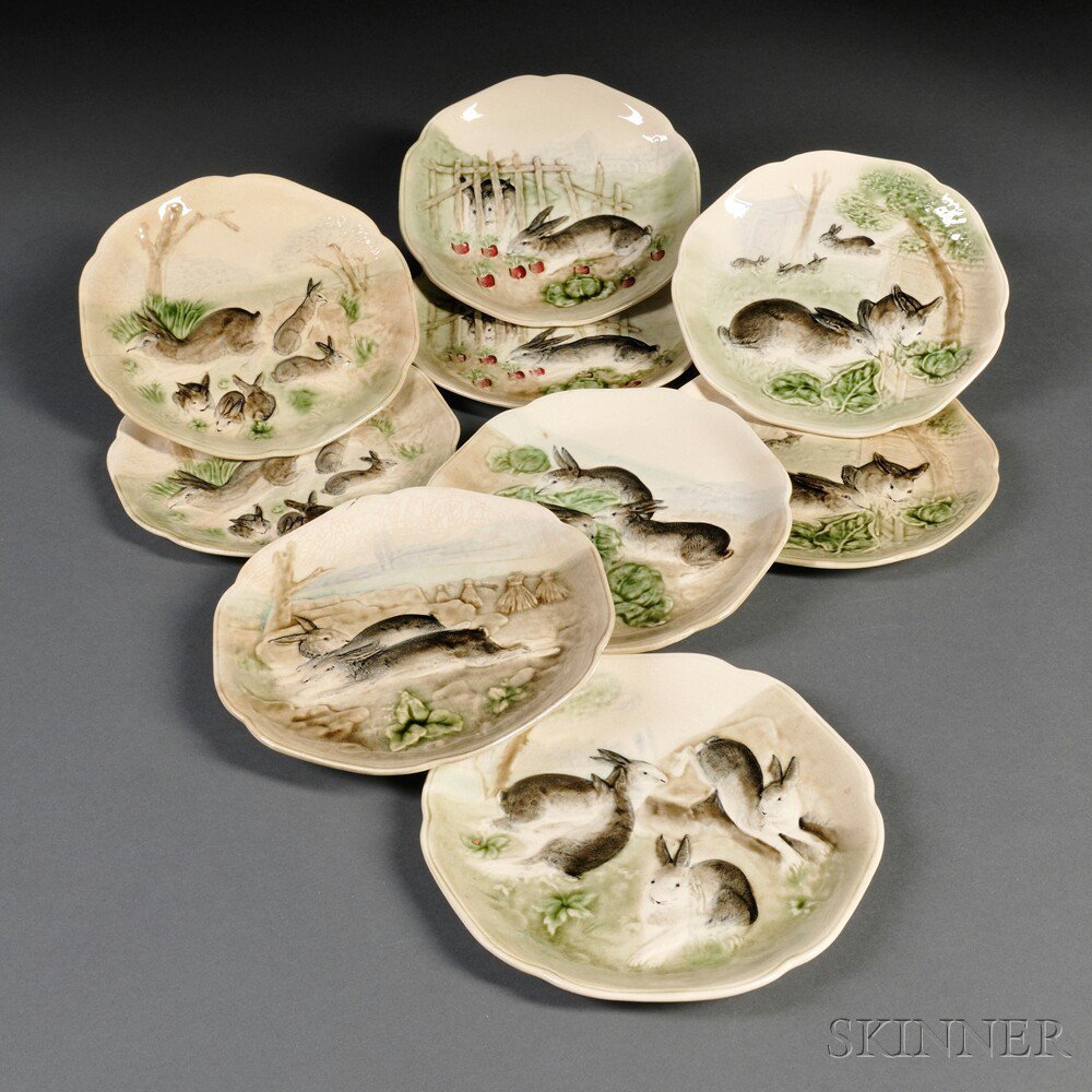 Appraisal: Nine French Majolica Rabbit Plates c retailer mark for Higgins