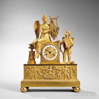 Appraisal: Gilt Classical Figural Mantel Clock France c musical muse sits