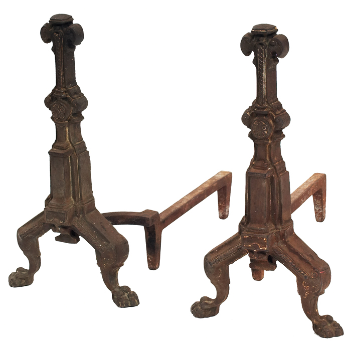 Appraisal: Arts and Crafts andirons pair AestheticMovement style with paw feet