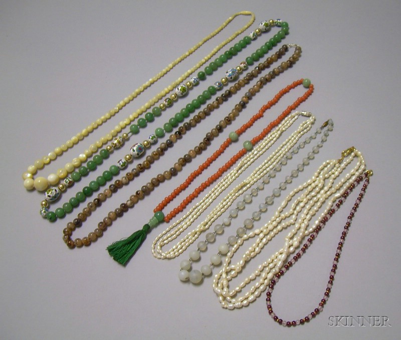 Appraisal: Eight Assorted Bead Necklaces including agate coral jade mother-of-pearl and