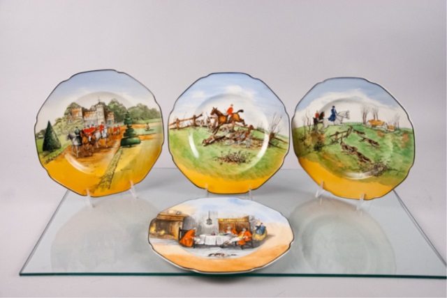 Appraisal: Four Fox Hunt Plates Crown Ducal Ware England Artist mark