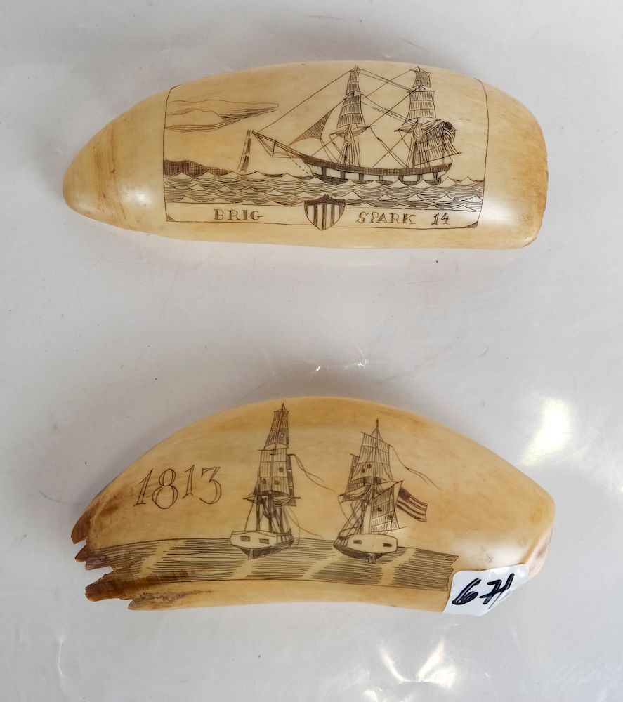 Appraisal: Two Scrimshaw Tooth Carvings - Brig Spar One depicting two