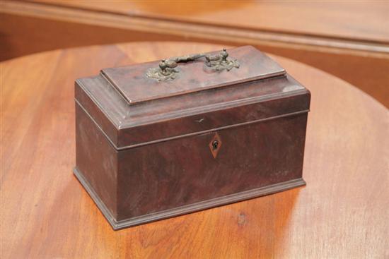 Appraisal: MAHOGANY TEA CADDY Cast brass handle diamond inlay escutcheon Interior