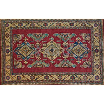 Appraisal: UZBEK KAZAK Contemporary room-size hand-knotted rug geometric design on ruby