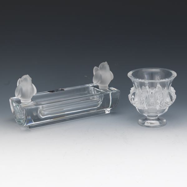 Appraisal: LALIQUE GLASS DAMPIERRE VASE AND SEVRES CRYSTAL DEUX MOINEAUX CENTERPIECE