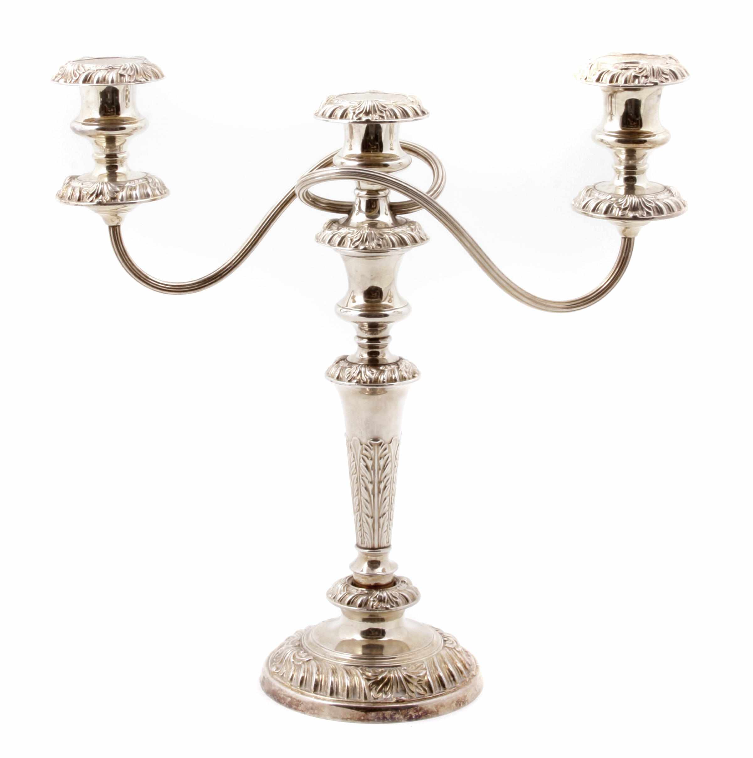 Appraisal: A pair of English silverplate convertible three-branch candelabra Barker-Ellis Birmingham