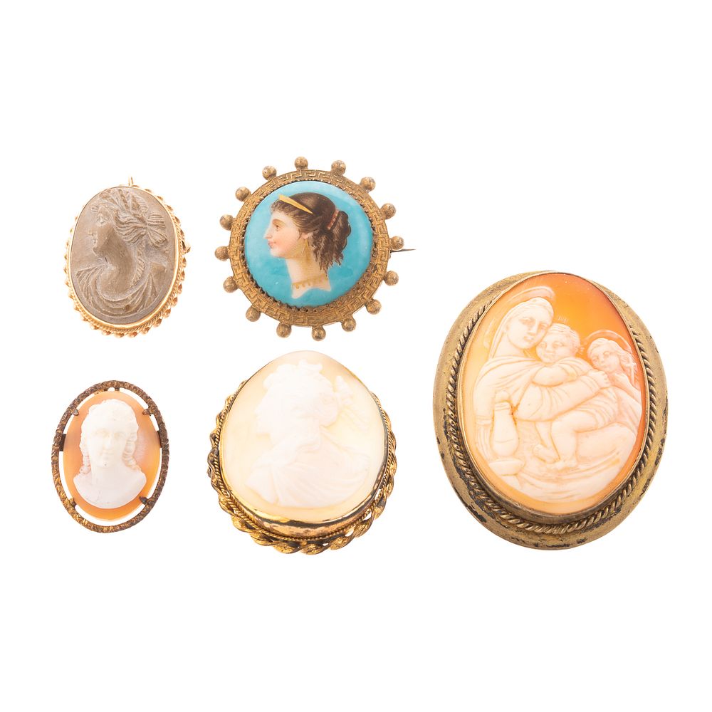 Appraisal: A Collection of Cameos Hand Painted Brooches K yellow gold