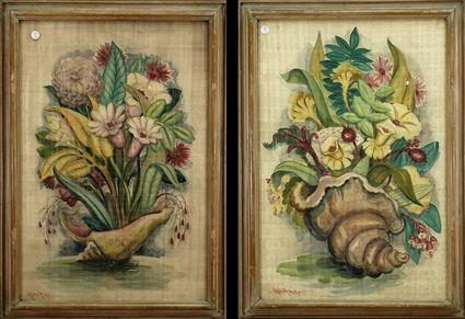 Appraisal: th Century School Two Floral Still Lifes Watercolor on fabric