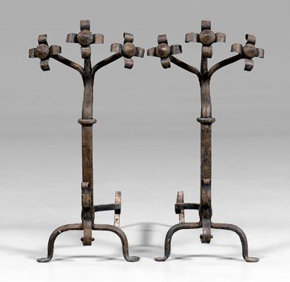 Appraisal: Pair hand-wrought iron andirons each finial with three hand-formed flowers