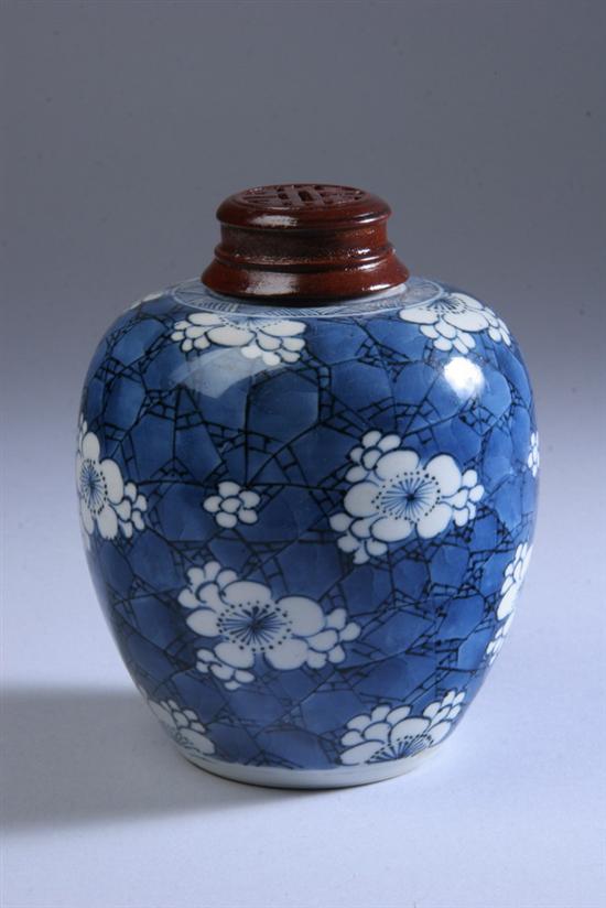 Appraisal: CHINESE BLUE AND WHITE PORCELAIN JAR Kangxi period Prunus decoration