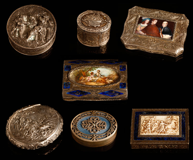 Appraisal: A group of seven German silver dresser patch and snuffboxes