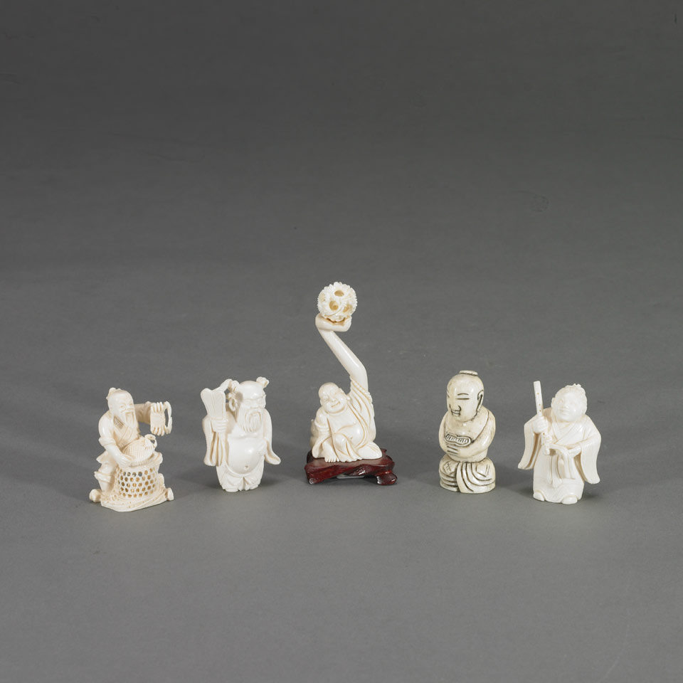 Appraisal: Five Small Ivory Figures Includes a seated Buddha with a