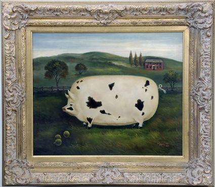 Appraisal: American School th C Spotted Pig Oil on canvas signed