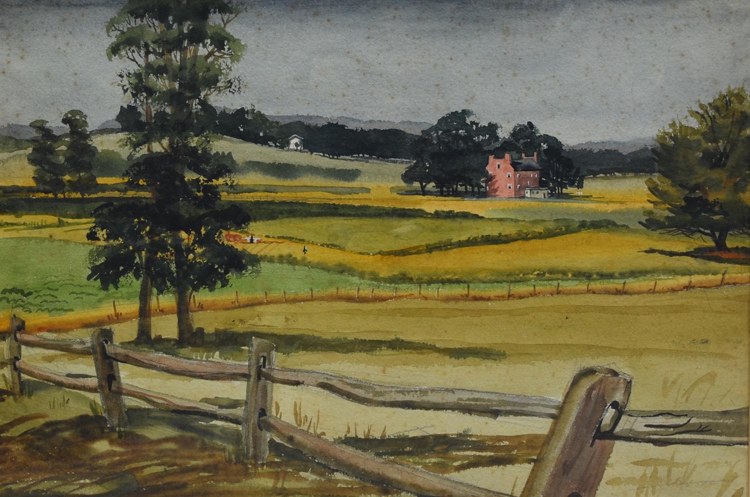 Appraisal: American School th Century watercolor Landscape with Farm x sight