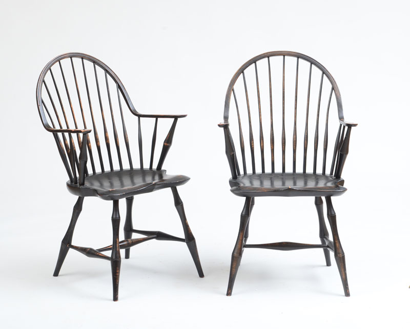 Appraisal: PAIR OF REPRODUCTION WINDSOR ARMCHAIRS IN BLACK PAINT BY D