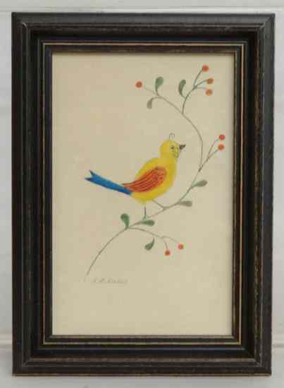 Appraisal: Watercolor ''Folk Art Bird'' by Conn folk artist Evelyn S