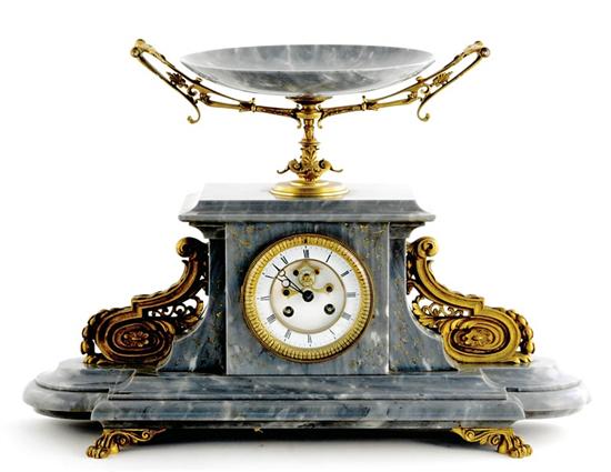 Appraisal: Marble and ormolu mantel clock France circa ormolu-mounted gray marble