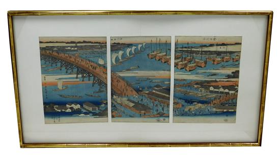 Appraisal: ASIAN th th C Japanese woodblock print triptych with date