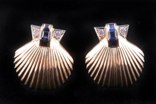 Appraisal: PAIR K YELLOW GOLD SAPPHIRE AND DIAMOND SHELL MOTIF EARRINGS