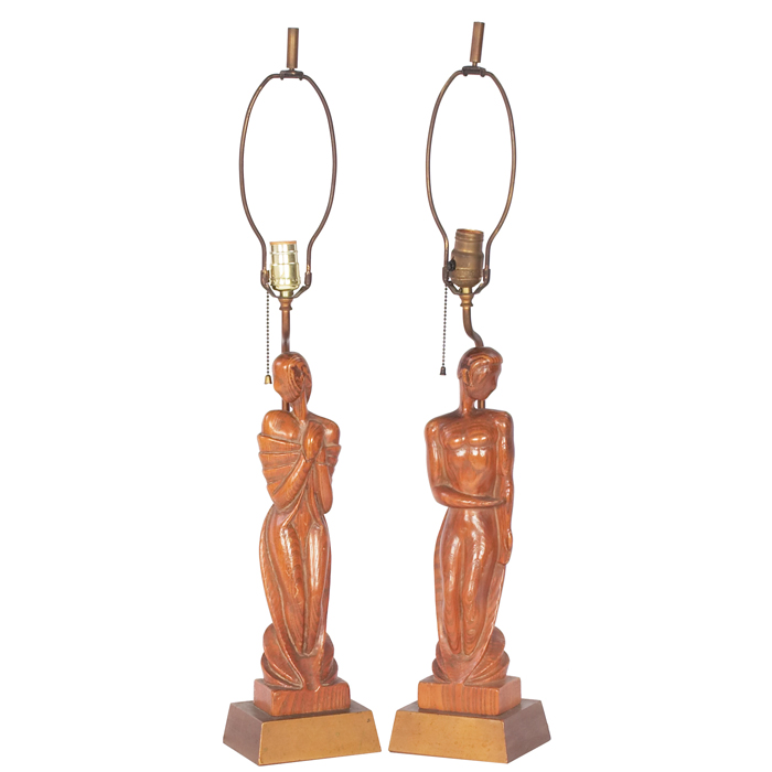 Appraisal: Edward Stasack table lamps pair Art Deco style carved wood