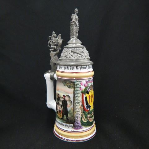 Appraisal: German Regimental Lithopane Porcelain Stein Regiment roster on sides lithopane