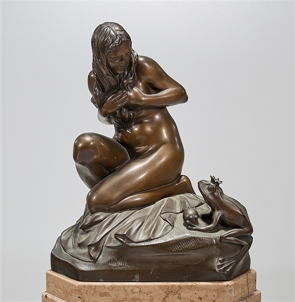 Appraisal: Bronze sculpture of a woman and frog signed F Halle