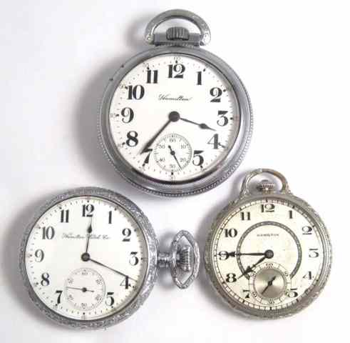 Appraisal: THREE HAMILTON OPENFACE POCKET WATCHES model grade size jewels c