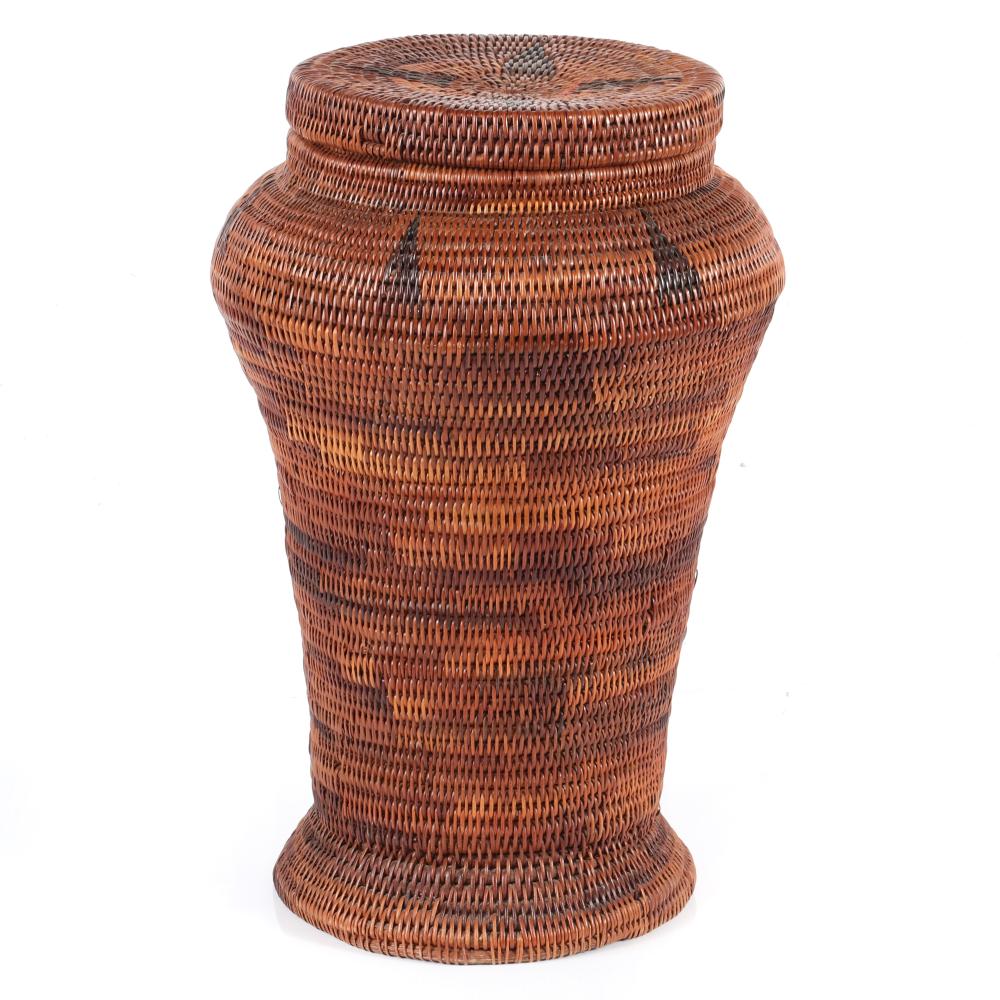 Appraisal: LARGE AFRICAN FOOTED STORAGE BASKET WITH LID CONICAL SHAPE WITH