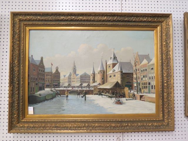 Appraisal: J L Dispo Sr oil Amsterdam winter scenewith ice skaters