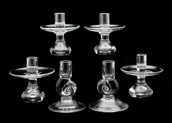 Appraisal: Three pairs of Steuben clear glass candlesticks last quarter th