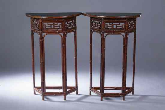 Appraisal: PAIR CHINESE BAMBOO DEMI-LUNE CONSOLES Early th century - in