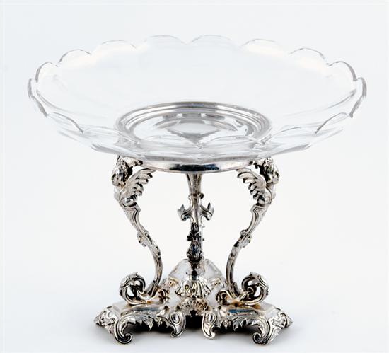 Appraisal: French silverplate and crystal centerpiece circa scalloped edge on round