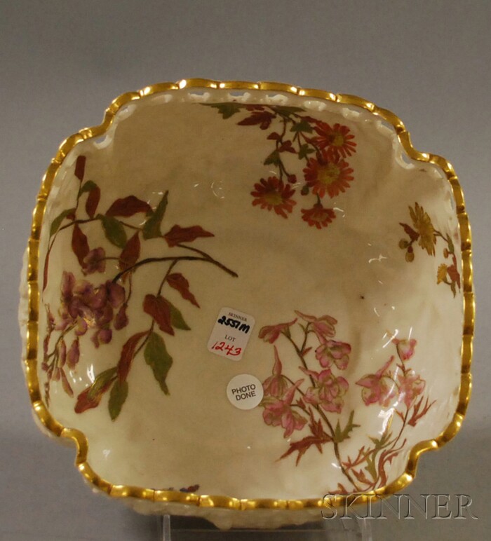 Appraisal: Royal Worcester Gilt Square Leaf and Basket-form Porcelain Bowl with