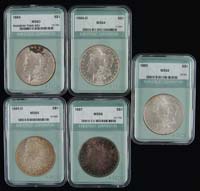 Appraisal: FIVE GRADED CASED MORGAN SILVER DOLLARS Graded by NTC MS