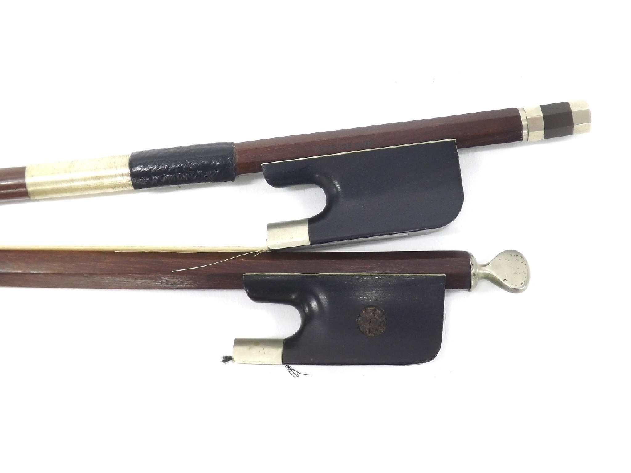 Appraisal: German nickel mounted double bass bow by and stamped Otto