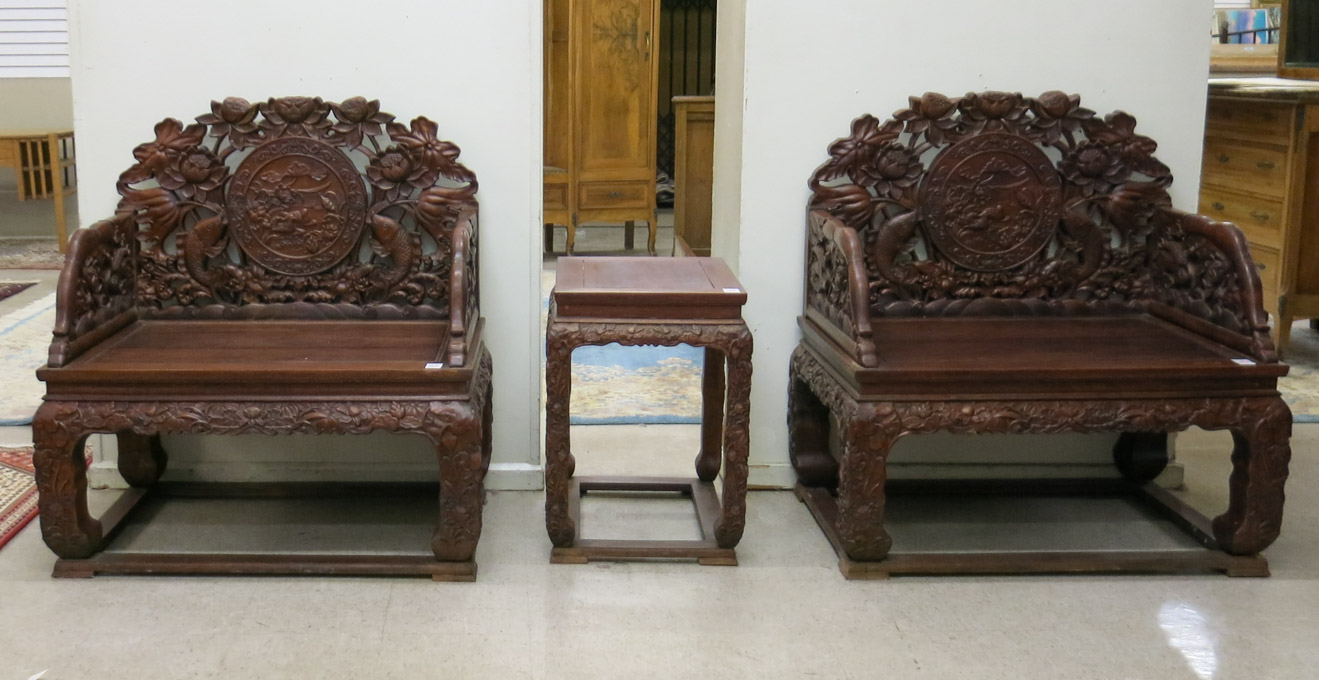 Appraisal: A LARGE PAIR OF CHINESE PALACE ARMCHAIRS AND MATCHING SIDE