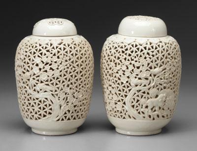 Appraisal: Two Chinese blanc de chine jars reticulated bodies and lids